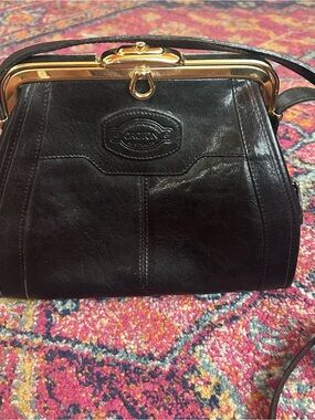 Vintage Oroton Black Leather Crossbody with Gold Frame Accent